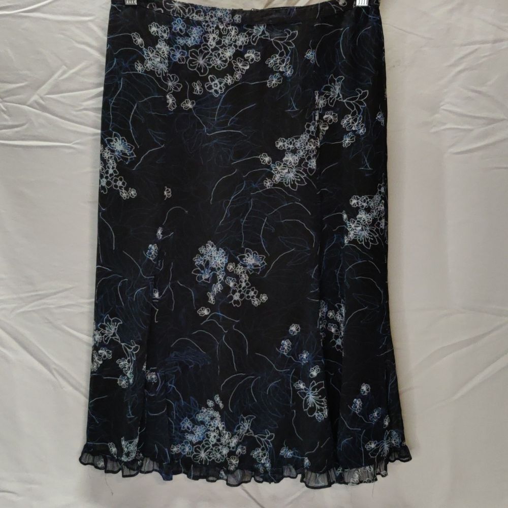 Sag Harbor  Black Blue Floral Stretch Waist Midi Flowy Skirt Womens 8
